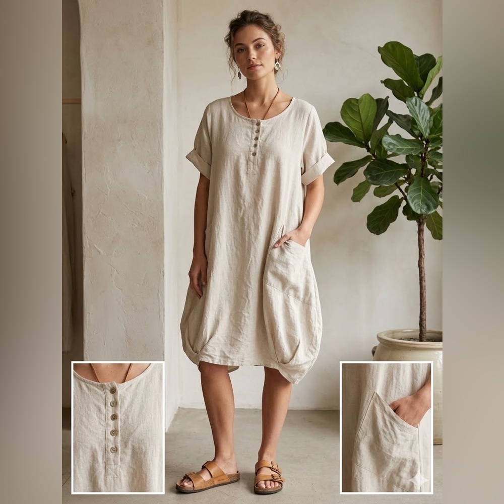 Cotton & linen blend neutral mid dress coastal lagenlook pockets boho  large